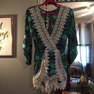 Blue and black with lace-detail romper Size Med.